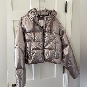Metallic Taupe Puffer Jacket with Hood